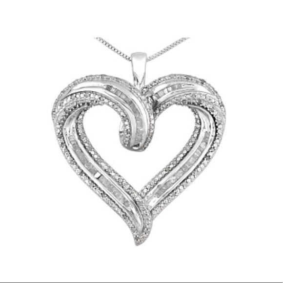 JTV Jewelry Diamond Sterling Silver Open Heart Pendant Round And
